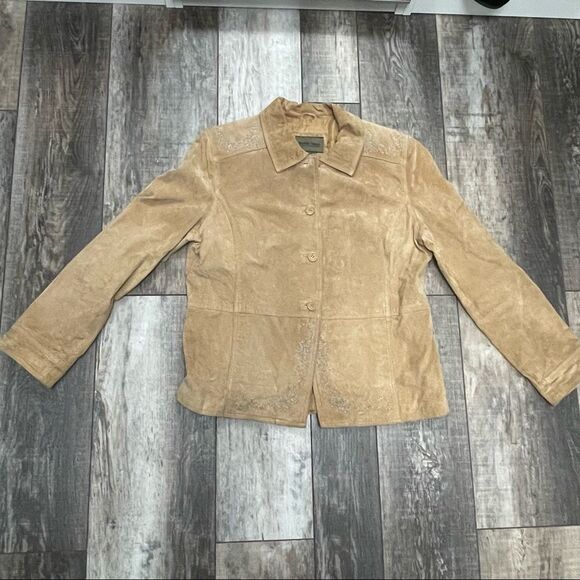 Brandon Thomas Tan Leather Jacket Cutout Turquoise Design Beaded Detail Medium - Picture 8 of 16